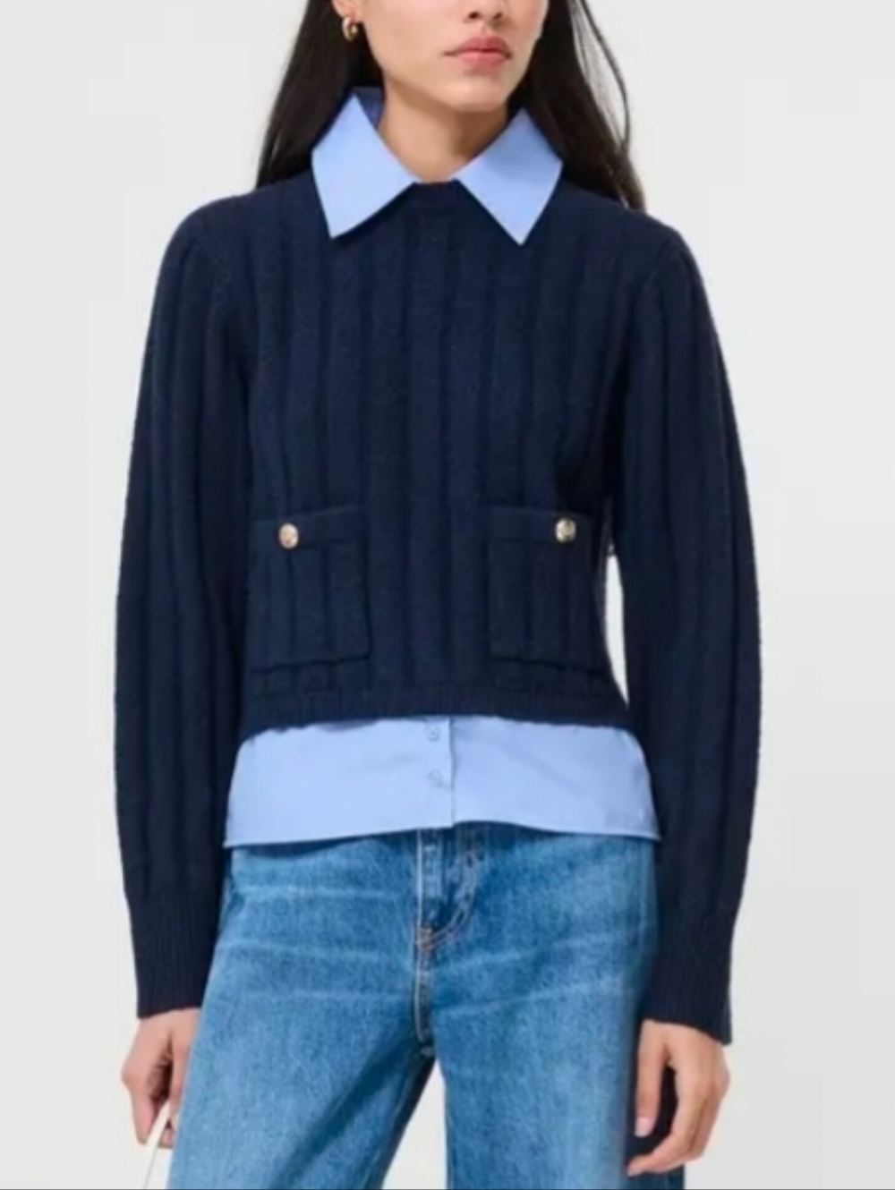French Connection Navy Ribbed Crewneck Sweater with Light Blue Shirt Twofer